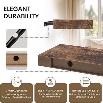 Square Floating Shelves for Wall, 12"W x 12"D x 1.2"H, Small Wooden Wall Mounted Display Shelf with Invisible Brackets for Living Room, Bedroom, Bathroom, Kitchen Decor, Set of 3, Rustic Brown