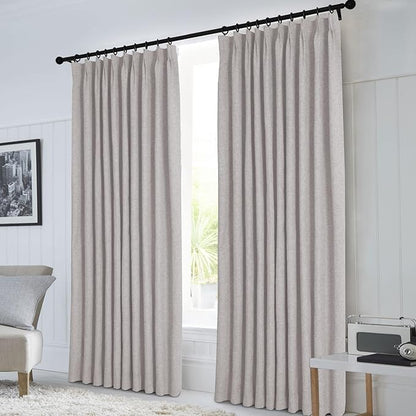 Macochico 100”Wx102”L 100% Blackout Pinch Pleated Linen Curtains for Sliding Door Bedroom Living Room Farmhouse Thermal Insulated Browish Grey Burlap Drapes with Tieback 1 Panel Shabby Chic Style