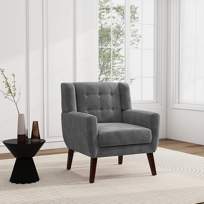 UIXE Accent Chair, Velvet Upholstered Armchair for Living Room, Modern Club Arm Chairs Comfy Single Sofa Button Tufted Bedroom Reading Seat - Gray, Set of 1