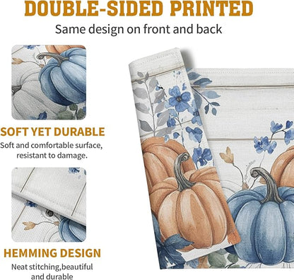 Autumn Placemats Blue Pumpkin Fall Place Mat Eucalyptus Leaves Floral Wood Grain Table Mats Thanksgiving Harvest Linen Placemat Party Kitchen Dining Decoration 12x18 Inch Set of 4
