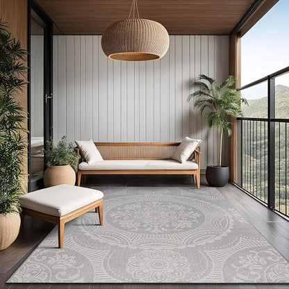 Medallion Outdoor Rug 6x9 Washable Outside Carpet for Indoor Patio Porch Waterproof Easy Cleaning Non Shedding Area Rugs Gray 6 x 9