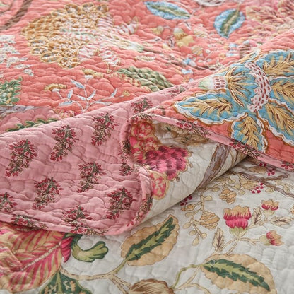 NEWLAKE Cotton Patchwork Bedspread, 3-Piece Bedding Quilt Set with Real Stitched Embroidery, Reversible Matelasse Bed Coverlet Set,Bohemian Floral, Queen Size