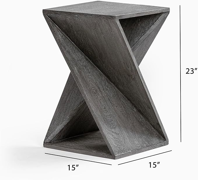 Modern Hand Made One-of-a-Kind Carved Mango Wood End Table, Farmhouse Side Table,Farmhouse End Table,Living Room,Bedroom, Accent Table, Contemporary Architectural Designed Grey,Assembled