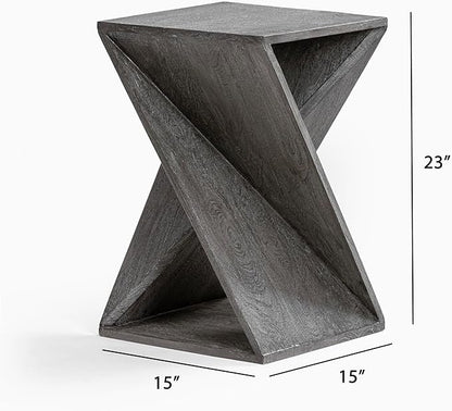 Modern Hand Made One-of-a-Kind Carved Mango Wood End Table, Farmhouse Side Table,Farmhouse End Table,Living Room,Bedroom, Accent Table, Contemporary Architectural Designed Grey,Assembled