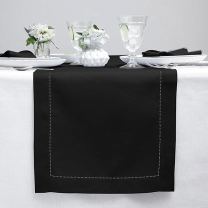 Solino Home Linen Black Table Runner 120 Inches Long - 100% Pure Linen 14 x 120 Inch Table Runner for Fall, Autumn, Halloween, Thanksgiving - Classic Hemstitch