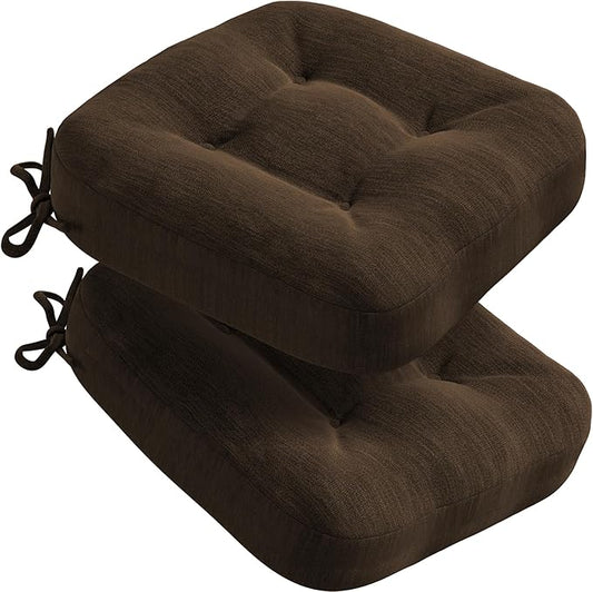 Codi Dining Chair Cushions 2 Pack, Thick Chairs Pads for Indoor Kitchen Room - Washable, Non-Slip Memory Foam Seat Cushion with Ties, 16.5"x16.5"x 3.5", Set of 2, Brown