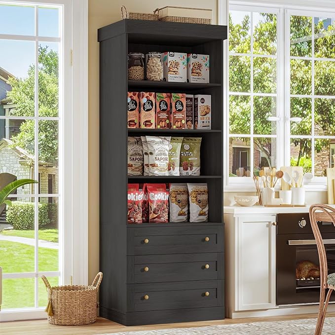 Vyre 71" Tall Farmhouse Bookshelves with Drawers, Set of 2 – Large Modular Bookcase with Adjustable Shelves, Storage Cabinet for Living Room, Kitchen, Home Office, Black