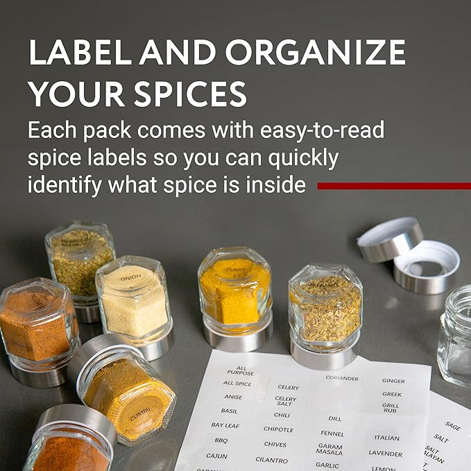 IMPRESA Hexagon Magnetic Spice Jars - 15 Pack 1.74 oz Glass Jars With Stainless Steel Lids - Airtight Magnetic Seasoning Containers & Space-Saving Honeycomb Fridge Magnets - 60 Preprinted Labels