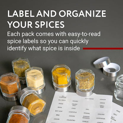 IMPRESA Hexagon Magnetic Spice Jars - 15 Pack 1.74 oz Glass Jars With Stainless Steel Lids - Airtight Magnetic Seasoning Containers & Space-Saving Honeycomb Fridge Magnets - 60 Preprinted Labels