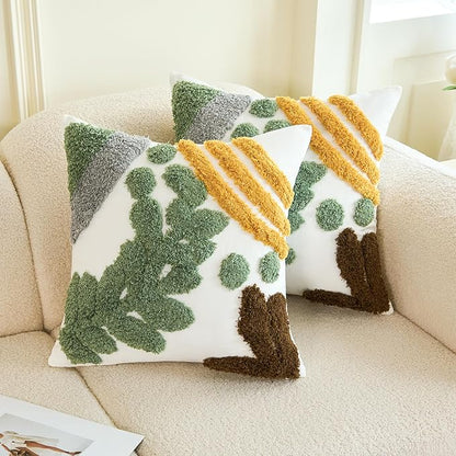 HOdo Home 18x18 Throw Pillow Covers, 2PCS Tufted Boho Jacquard Pillow Covers,Farmhouse Decorative Pillow Cover,Pillow Cases for Couch Sofa Bed Stylish Decor, Simple Textured Cushion Sham