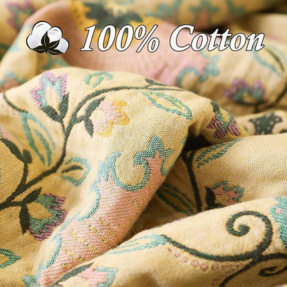 Snycler Boho Throw Blanket 60"x80" - 100% Cotton Ultra Soft Rustic Quilt, Green Floral Printed Farmhouse Decor for Bed, Sofa, Couch, Chair - All Season Cozy Blanket