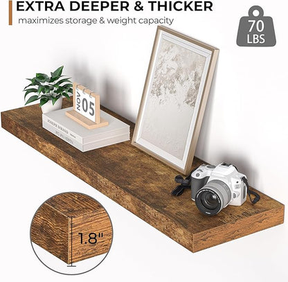 Floating Shelves - 10.3 Inch Deep Wall Shelf for Decor & Storage - Wall Mounted Display Shelving with Invisible Heavy-Duty Metal Bracket - 36" W x 10.3" D x 1.8" H - Set of 1 - Rustic Brown