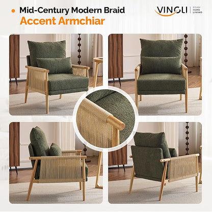 VINGLI Boho Braid Accent Armchairs Set of 2,Mid-Century Modern Chiars with Solid Wooden Armrest,Comfy Louge Cushion Chairs with Waist Pillow for Bedroom,Living Room,Reading Room, Dark Green