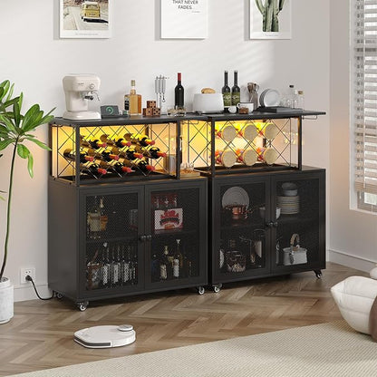 Wine Bar Cabinet with Wheels, 4-Tier Bar Cart with Power Outlets and LED Light, Liquor Cabinet Home Mini Bar with Wine Rack, Coffee Bar Cabinet for Liquor, Black