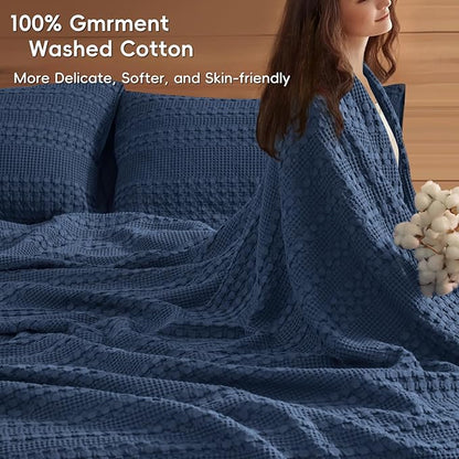 PHF 100% Cotton Waffle Weave Blanket Queen Size, Soft Lightweight Breathable Cozy Summer Blankets for Bed, Luxury Aesthetic Woven Bedding for Home Decor, 90"x90", Bright Navy Blue
