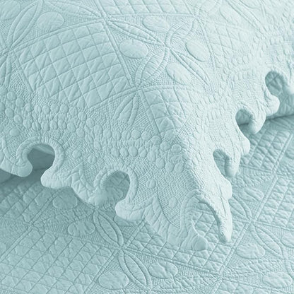 MarCielo 3-Piece 100% Cotton Oversized Bedspread Lightweight Quilt Coverlet Embroidery Farmhouse Bedding Set (TW Mint Green Blue, Oversized King (118"x106"))