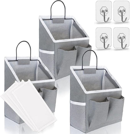 3pcs Small Wall Hanging Organizer Bag, Linen Fabric Door Hanging Storage Basket with Pockets, Waterproof Bin for Kitchen, Bedroom, Office, RV Camper (Gray)