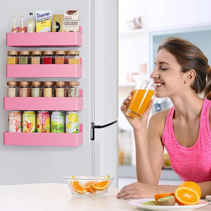 Magnetic Spice Rack for Refrigerator, Kitchen Organizer and Storage Shelf, Pink(4 Pack)