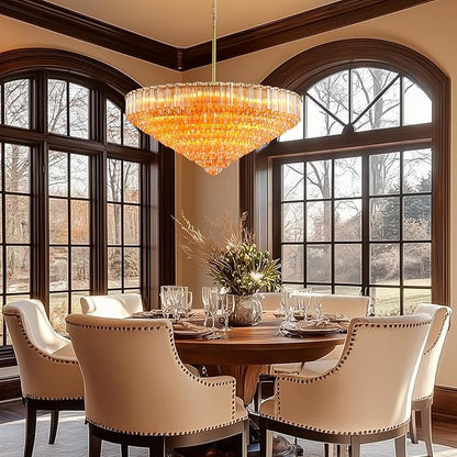 30" Modern Dining Room Chandeliers, 13-Light Amber Crystal Chandeliers, Dimmable Blown Glass Chandelier for Living Room, Round Glod Large Chandelier for High Ceiling, Bedroom, Entryway, Staircase