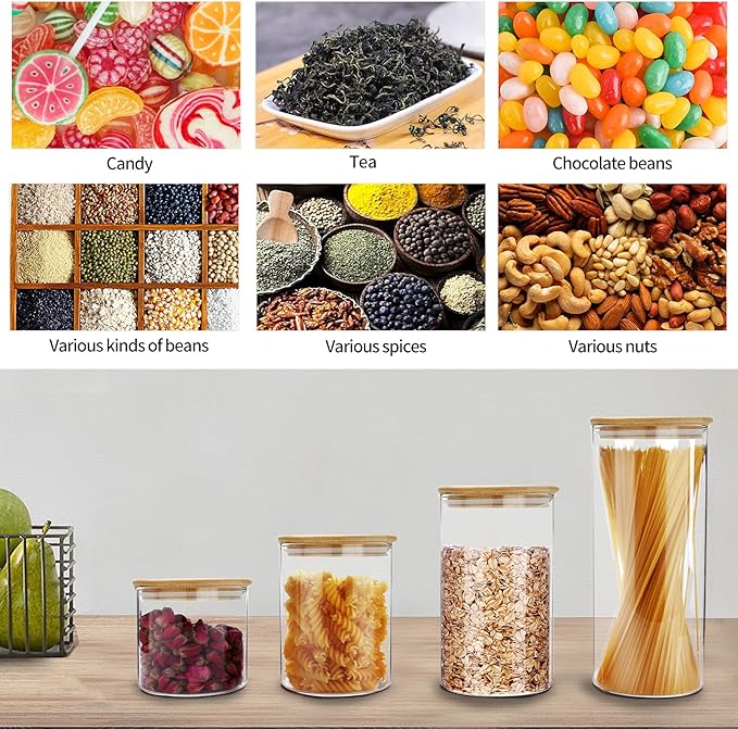 SIXAQUAE Glass Food Storage Containers Jar Seal Bamboo Lids 4 Packs 1000ml Airtight Canister Organization Sets Stackable…