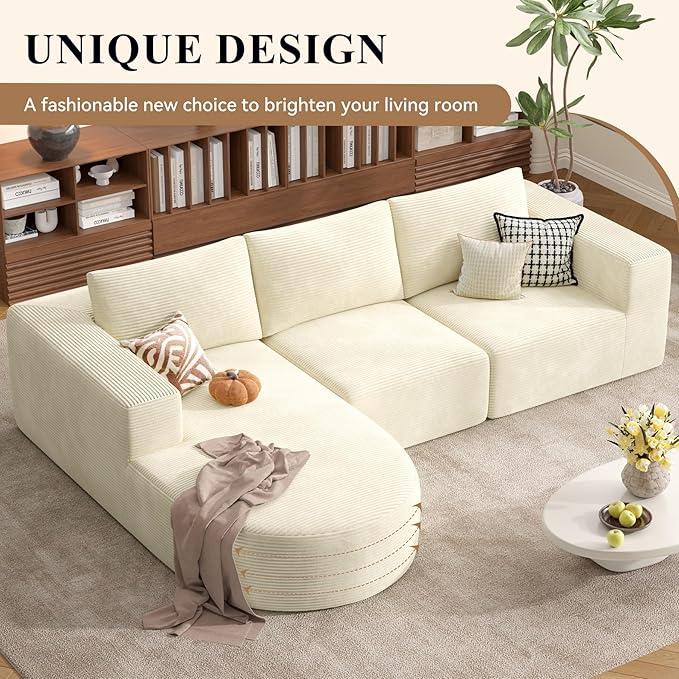 Modular Sectional Sofa with L-Shape Chaise,Cloud Sectional Modern Sleeper Couch with Deep Seat,Sponge Compression Sofas No Assembly Required (Beige-Corduroy Fabric) 1 PCS