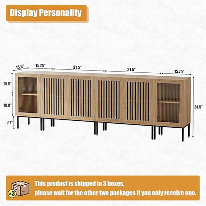 Farmhouse TV Stand for TVs up to 100 Inch, Entertainment Center TV Console with Storage Cabinets and Glass Doors,Media Console for Living Room,Oak