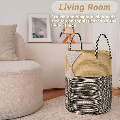 Large Woven Laundry Basket Hamper,80L Cotton Rope Storage Bin for Blankets,Toys and Clothes,Decorative Tall Nursery Hamper for Living Room,Baby Nursery,Bathroom and Bedroom,Brown and Black