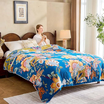 Boho Throw Blanket, Blue Lightweight Blankets for Summer, 100% Cotton Bohemian Decorative Throw Blanket, 50"x60" Reversible Muslin Breathable Woven Farmhouse Blankets Quilt,