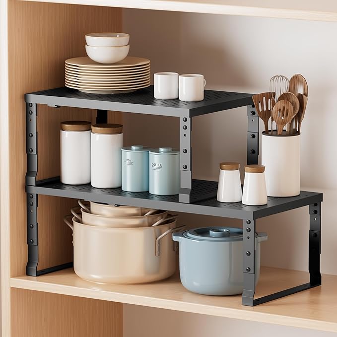 Metal Stackable Expandable Storage Shelf - Multi-Functional Home Storage Shelf, Suitable for Kitchen, Cabinet，Bathroom, Office, Garage, etc.（3PACKS/Black/Medium