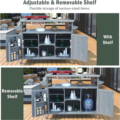 Outdoor Kitchen Island, Rolling Bar Cart & Storage Cabinet, Farmhouse Solid Wood Outdoor Grill Table with Stainless Steel Top, Spice Rack, Towel Rack for Kitchen & BBQ, Grey Blue