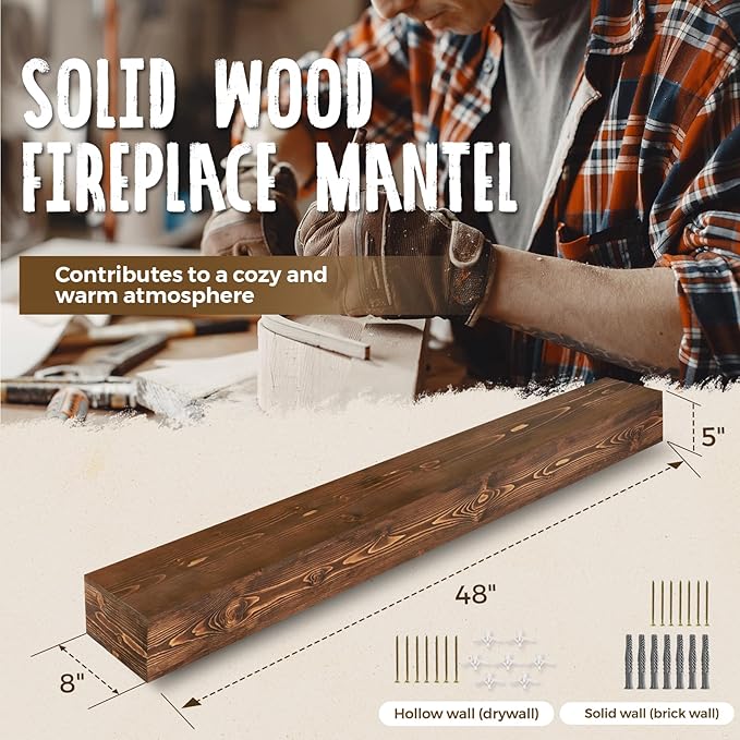 48x8x5 Fireplace Mantel - Handcrafted Hollow Rustic Solid Wood Wall Mounted Floating Shelf with Invisible Heavy Duty Wood Bracket (Weathered Brown)