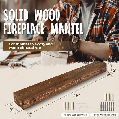 48x8x5 Fireplace Mantel - Handcrafted Hollow Rustic Solid Wood Wall Mounted Floating Shelf with Invisible Heavy Duty Wood Bracket (Weathered Brown)