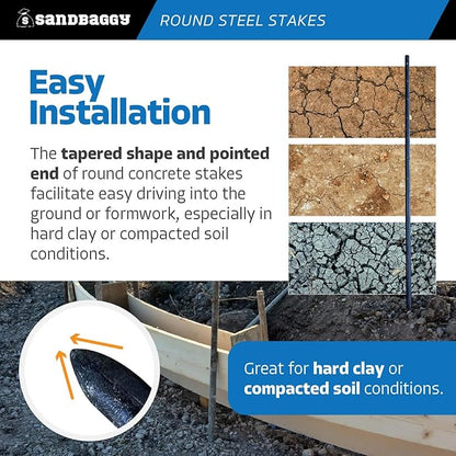 Sandbaggy Round Steel Concrete Form Stakes with Nail Holes - Rust Resistant Coating - Removable, Reusable (1000, 3/4 in X 36 in)