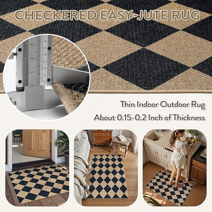 Lahome Checkered Easy Jute Kitchen Rug, 2x3 Front Door Mat Non Slip Washable Neutral Area Rug, Farmhouse Diamond Non Shedding Low Pile Floor Carpet for Entryway Porch Doorway