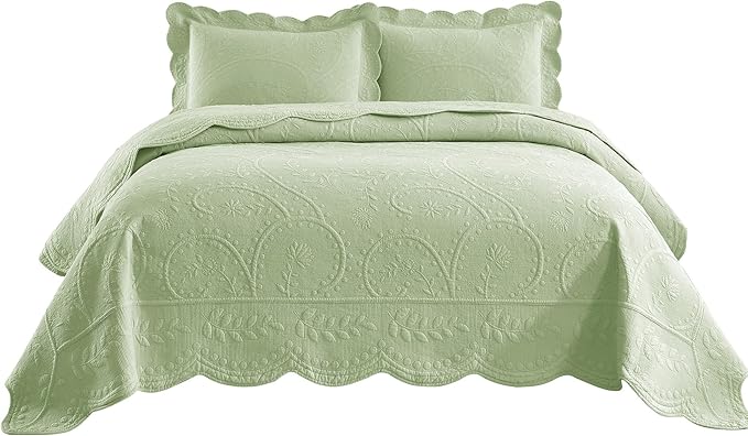 MarCielo 3-Piece 100% Cotton Oversized Bedspread Lightweight Quilt Coverlet Embroidery Farmhouse Bedding Set (TX Pale Green, Oversized Queen (100"x106"))