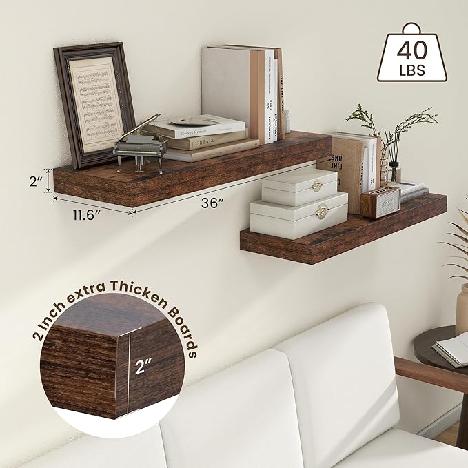 Deep Floating Shelves, 12 Inch Deep Rustic Floating Shelves for Wall Set of 2, 36W x 12D Large Wood Shelves for Living Room Bathroom Laundry Room Bedroom Kitchen Home Office - Rustic Brown