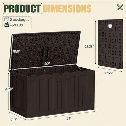 JUMMICO 250 Gallon Outdoor Resin Deck Box with Divider, Waterproof Storage Box with Lockable Lid&Side Handles for Garden Tools, Pools Supplies (Brown)