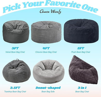 Hobestluk 3 in 1 Bean Bag Chair Giant Bean Bag Chairs for Adults with Plaid Cover Convertible Bean Bag Floor Cushion with Machine Washable Cover for Living Room (Plaid Dark Grey)