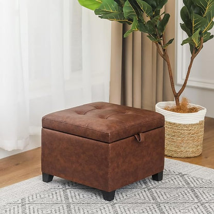Adeco Faux Leather Storage Ottoman Bench with Wood Legs, 17.7" Square Red and Brown PU Cube Foot Stool, Upholstered Button Tufted Vanity Chair with Hinged Lid for Living Room, Bedroom, Dorm