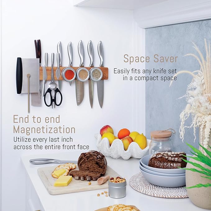 Premium 10 inch Magnetic Knife Holder for Wall with 2x Storage & Charming Wood - Knife Magnetic Strip, Under Cabinet Magnet Knives Storage - Magnet Strip Rack Kitchen Utensil Holder Organizer Tool