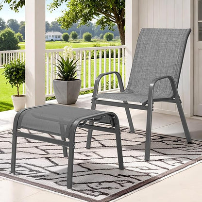 Outdoor Ottoman Set of 2, All Weather Outdoor Foot Stool with Supportive Textliene and Metal Frame, Stackable Oversized Outdoor Foot Rest for Furniture Patio Garden Pool, Grey