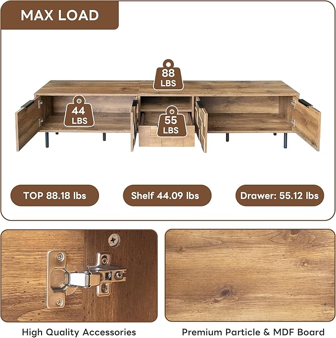 Modern TV Stand for TVs up to 85", Mid-Century Media Console with Checkered Cabinet Doors, Storage Drawers & Open Shelves, Wood Entertainment Center with Metal Legs