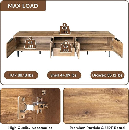 Modern TV Stand for TVs up to 85", Mid-Century Media Console with Checkered Cabinet Doors, Storage Drawers & Open Shelves, Wood Entertainment Center with Metal Legs