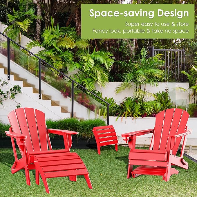 GREENVINES Adirondack-Ottoman | Set of 4 | HDPE Plastic | Outdoor Footrest | All Weather | Foot Rest | Foot Stool | Red | for Adirondack Chair | for Patio Backyard Pool