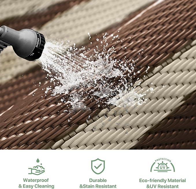 GENIMO Outdoor Rug Waterproof for Patio Decor, 3'x5' Foldable Reversible Plastic Straw Carpet for Porch, Outside Area Mat for Entryway, Rv, Deck, Picnic, Camper, Balcony, Beach, Coffee & Beige