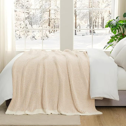 Snuggle Sac Cream Waffle Throw Blanket for Couch Bed Sofa 50x60 inches, Reversible Beige Blanket Microfiber Fluffy Fuzzy Cozy Knit Soft Throws for Women Mothers Birthday Gifts