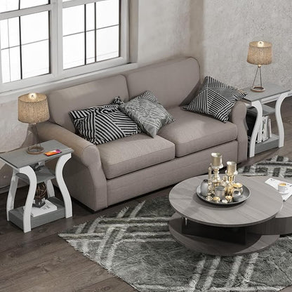 End Tables Living Room Set of 2,Grey End Table with Charging Station,Grey Side Table, Nightstand for Bedroom, 3 Tier End Table with Storage Shelf for Living Room