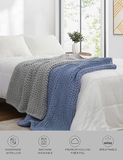 YnM Chunky Throw Blanket, Medium-Weight, Hand Knitted, Skin Friendly, Ventilated and Breathable, Machine Washable, Home Décor Piece for Couch, Sofa and Bed (Cerulean Blue, 60x80 Inch)