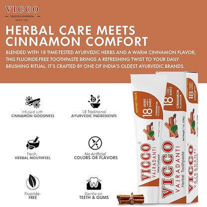 Vicco Vajradanti Ayurvedic Herbal Toothpaste by Vicco – 70 Year Legacy of Ayurveda, Cinnamon Flavour, with 18 Ayurvedic Herbs & Barks, 100% Natural, Vegan, Fluoride-Free & Cruelty-Free – 7 oz (3 Pack)