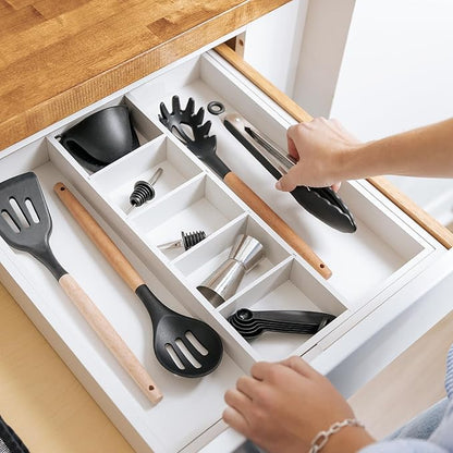 Adjustable Kitchen Drawer Organizer for Utensils and Junk, Food-Safe Contract Grade with 100% Sustainable Wood, Expandable from 16 to 28 Inches Wide - White Bamboo